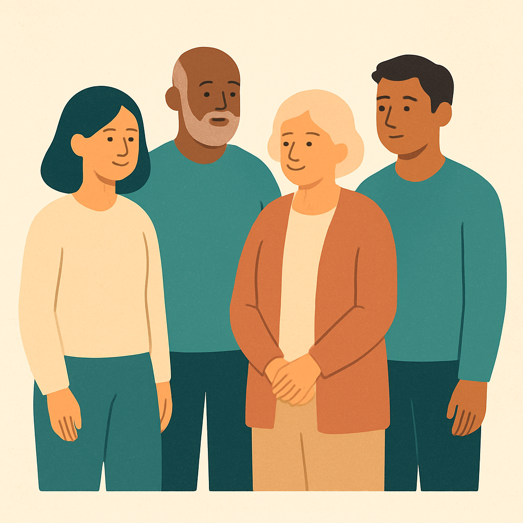 A small, diverse group of people of different ages standing together calmly.